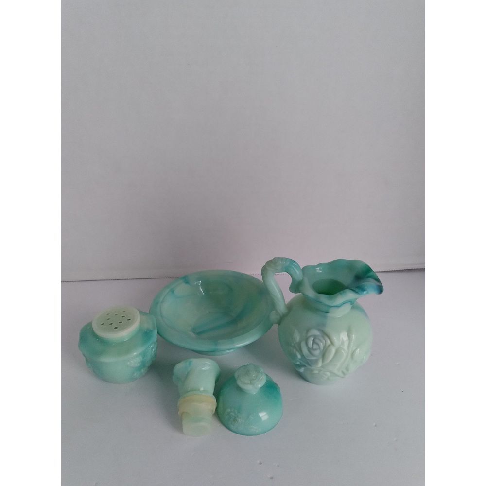 Vintage Avon Mint Green Glass Bathroom Set‎ with Rose Pattern Vanity Accessories